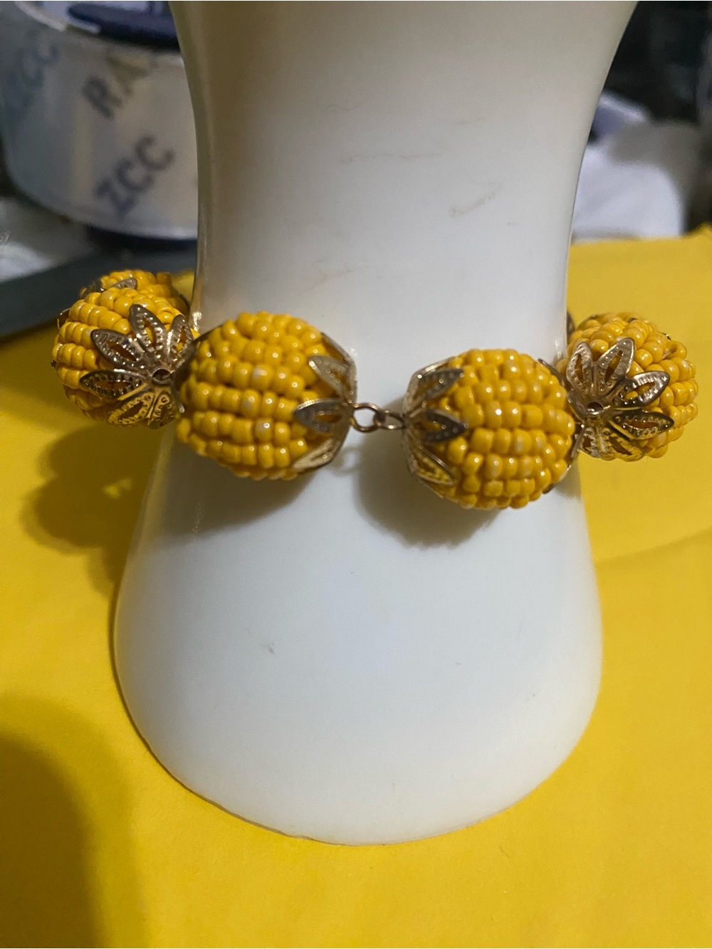 Vintage Yellow Beaded Corn Motif Bracelet Silver Tone Metal Accents 7" Hook
